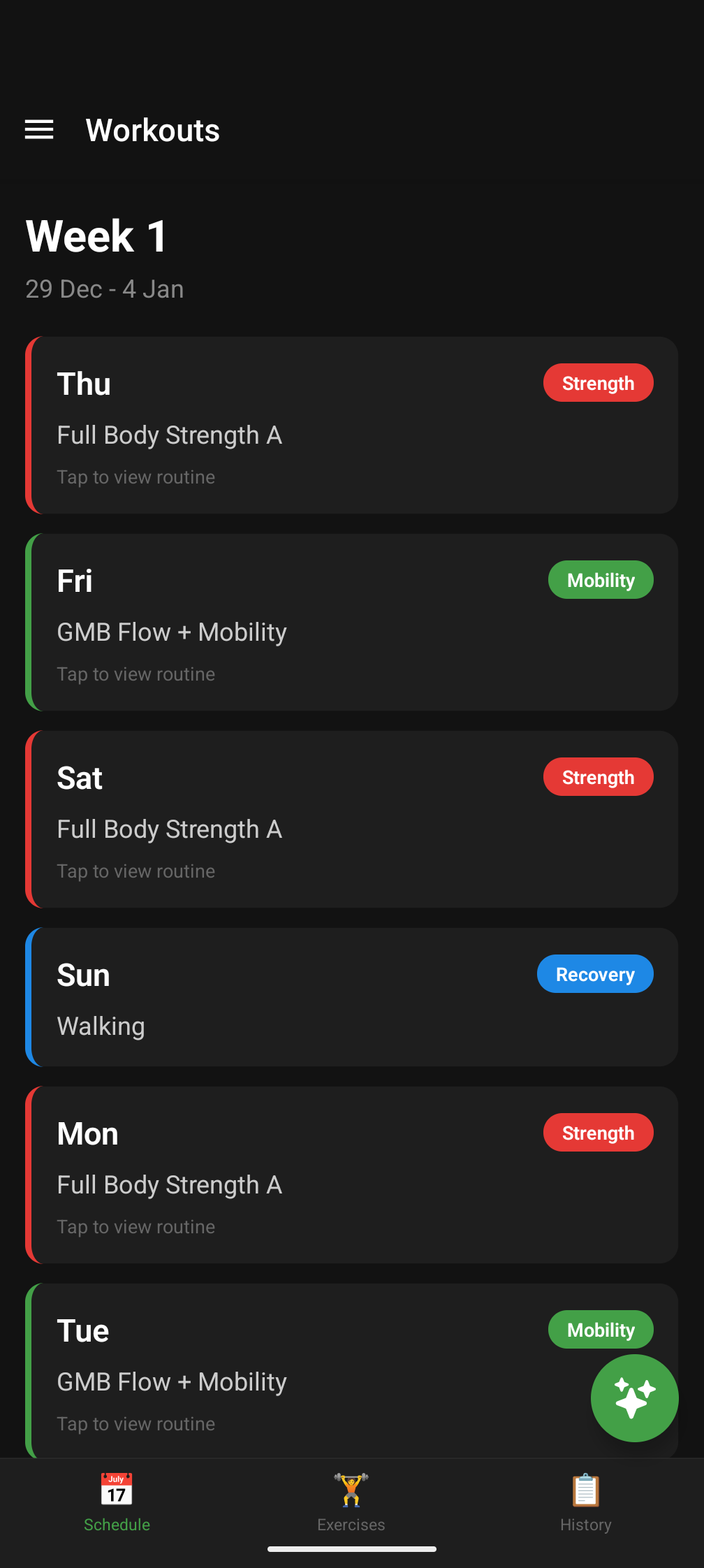 Workout Schedule Screen